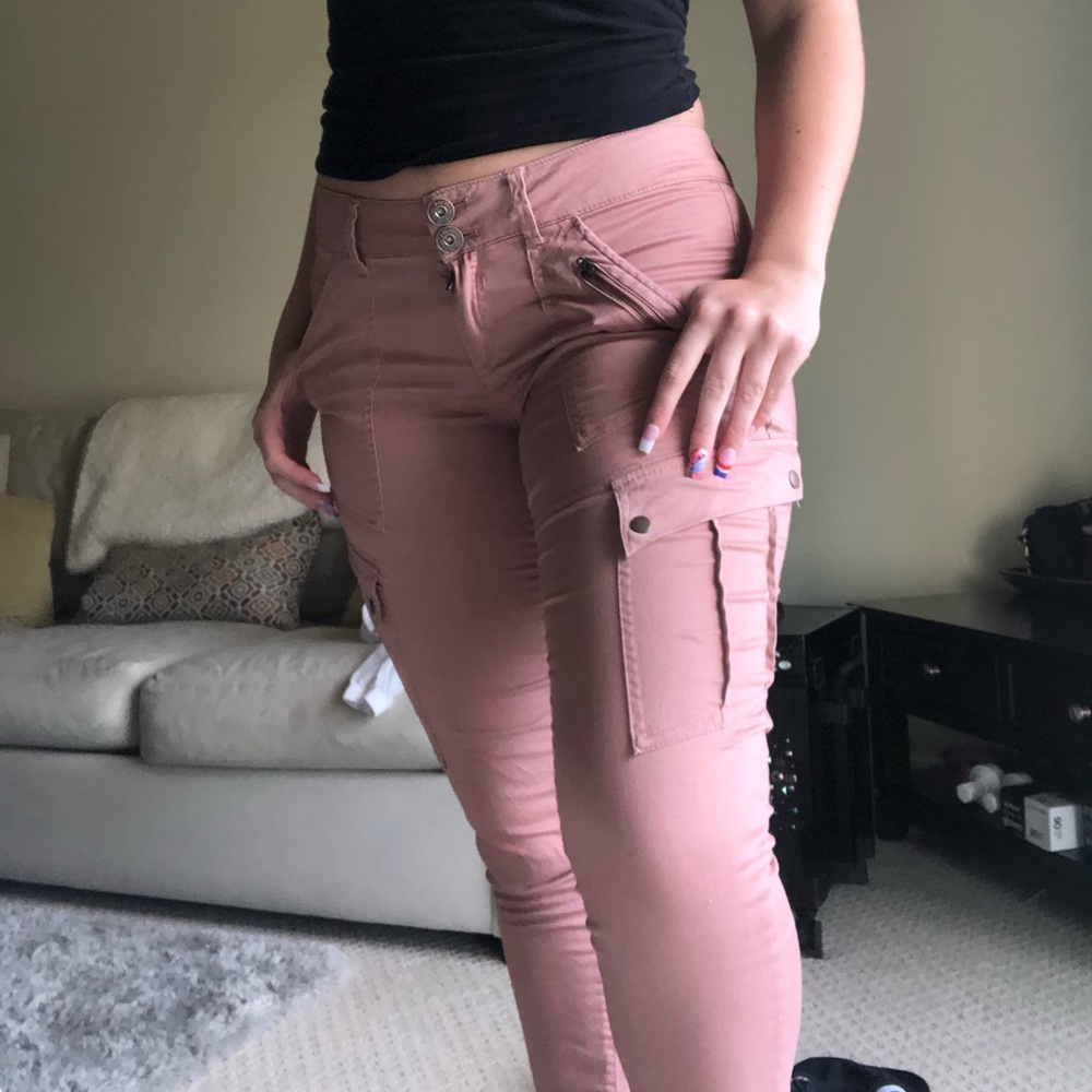 Salmon colored tight-fitted cargo pants